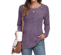 TAOHUADAO Women Long Sleeve Tops Ladies Solid Color Crewneck Ribbed Jumpers Lightweight Button Side Split Sweatershirt S, Purple