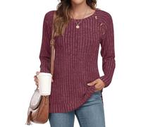 TAOHUADAO Women Long Sleeve Tops Ladies Solid Color Crewneck Ribbed Jumpers Lightweight Button Side Split Sweatershirt S, Wine Red