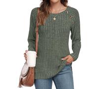 TAOHUADAO Women Long Sleeve Tops Ladies Solid Color Crewneck Ribbed Jumpers Lightweight Button Side Split Sweatershirt L, Green
