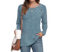 TAOHUADAO Women Long Sleeve Tops Ladies Solid Color Crewneck Ribbed Jumpers Lightweight Button Side Split Sweatershirt M, Blue