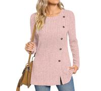 TAOHUADAO Women's Long Sleeve Jumpers Crewneck Tunic Tops with Button Sides Loose Casual Fall Sweater Shirts for Leggings 2XL, Pink