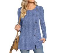 TAOHUADAO Women's Long Sleeve Jumpers Crewneck Tunic Tops with Button Sides Loose Casual Fall Sweater Shirts for Leggings M, Royal Blue