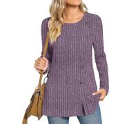 TAOHUADAO Women's Long Sleeve Jumpers Crewneck Tunic Tops with Button Sides Loose Casual Fall Sweater Shirts for Leggings L, Purple