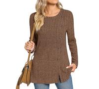 TAOHUADAO Women's Long Sleeve Jumpers Crewneck Tunic Tops with Button Sides Loose Casual Fall Sweater Shirts for Leggings 2XL, Brown