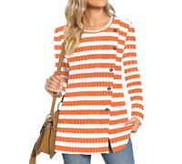 TAOHUADAO Women's Long Sleeve Jumpers Crewneck Tunic Tops with Button Sides Loose Casual Fall Sweater Shirts for Leggings S, Striped Orange White