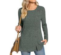 TAOHUADAO Women's Long Sleeve Jumpers Crewneck Tunic Tops with Button Sides Loose Casual Fall Sweater Shirts for Leggings L, Green