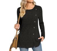 TAOHUADAO Women's Long Sleeve Jumpers Crewneck Tunic Tops with Button Sides Loose Casual Fall Sweater Shirts for Leggings XL, Black