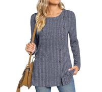 TAOHUADAO Women's Long Sleeve Jumpers Crewneck Tunic Tops with Button Sides Loose Casual Fall Sweater Shirts for Leggings M, Haze Grey