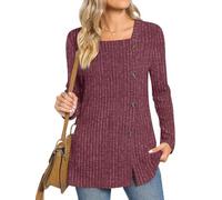 TAOHUADAO Women's Long Sleeve Jumpers Square Neck Tunic Tops with Button Sides Loose Casual Fall Sweater Shirts for Leggings, Wine Red S