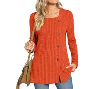 TAOHUADAO Women's Long Sleeve Jumpers Square Neck Tunic Tops with Button Sides Loose Casual Fall Sweater Shirts for Leggings, Orange S
