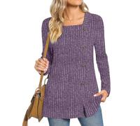 TAOHUADAO Women's Long Sleeve Jumpers Square Neck Tunic Tops with Button Sides Loose Casual Fall Sweater Shirts for Leggings, Purple S