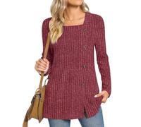 TAOHUADAO Women's Long Sleeve Jumpers Square Neck Tunic Tops with Button Sides Loose Casual Fall Sweater Shirts for Leggings, Red S
