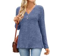 TAOHUADAO Womens Long Sleeve Tops Casual V Neck Lightweight Jumpers Ladies Solid Color Knit Sweatshirt with Button L, Royal Blue