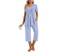 TAOHUADAO Women's Pyjamas Sets Short Sleeve Tops with Capri Pants Sleepwear Soft Comfy Ladies Pjs Lounge Sets, Spot Blue L
