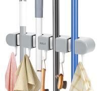 Taope Broom Mop Holder Wall Mounted, Brush Holder Tidy Organizer with 4 Slot 5 Hooks, Self-Adhesive Mop Holder for Bathroom, Kitchen, Garage, Garden Tool Organizer, Brush Mop and Broom Gripper, Grey