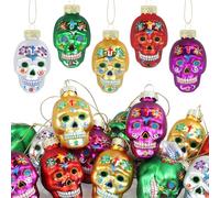 TaoQ C 15 PCS Day of The Dead Glass Skull Ornaments Sugar Hanging Skull Heads Colorful Halloween Hanging Skeleton Head for Halloween Tree Horror Party Craft Supplies Living Room Bedroom Home Decor