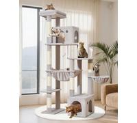 Taoqimiao 71 Inches Cat Tree for Indoor Cats Large Adult, Multi-Level Tall Cat Tower, 2 Cat Condo with 6 Scratching Posts, Super Large Hammcock, Cat Toys, Cozy Basket, Light Gray, MS037W