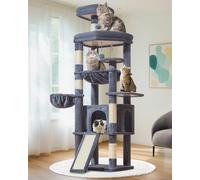 Taoqimiao 72 Inches Cat Tree for Large Cats, Multi-Level Tall Cat Tower, Widened Cat Condo with Large Scratch Board, 5 Scratching Posts, Metal Hammcock, Cozy Basket, Smoky Gray, MS045G