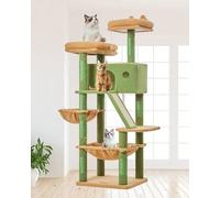 Taoqimiao Cat Tree, 146cm Cat Tower for Indoor Cats Large Cats, Multi-level Cat Climbing Tower, 8 Sisal Scratching Posts, Metal Frame Cozy Hammock, Scratch Board, 2 Top Perches, Green MSC026