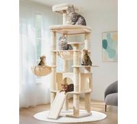 Taoqimiao Cat Tree, 183cm Large Cat Tree for Big Cats Cat Towers for Indoor Cats with 5 Scratching Posts, Spacious Platform, Widened Cat Condo, Metal Hammock, Large Scratch Board, Beige MS045M
