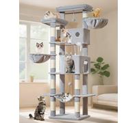 Taoqimiao Cat Tree, 193cm Large Cat Tree for Big Cats Sturdy Cat Towers for Indoor Cats with 8 Scratching Posts, 2 Widened Cat Condo, Spacious Platform, Hanging Baskets, Hammock, Light Grey MS046W