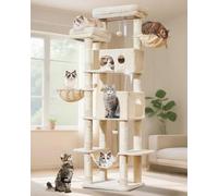 Taoqimiao Cat Tree, 193cm Large Cat Tree for Big Cats Sturdy Cat Towers for Indoor Cats with 8 Scratching Posts, 2 Widened Cat Condo, Spacious Platform, Hanging Baskets, Hammock, Beige MS046M
