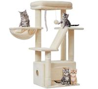 Taoqimiao Cat Tree, 97cm Cat Tower for Indoor Cats, Small Cat Tree Suitable for Kittens with Luxurious Cat Condo, Adjustable Basket and Luxurious Perch, MS029SM Beige