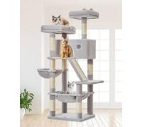 Taoqimiao Cat Tree MS026W, 146CM Cat Scratching Post with 7 Posts, 2 Platforms, 1 Caves, Hammock, Basket, Plush Balls, Light Grey