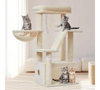 Taoqimiao Cat Tree MS029, 97CM Cat Scratching Post with 4 Scratching Posts, 1 Platforms, 1 Caves, Basket, Cat Scratching Board, Plush Balls, Beige