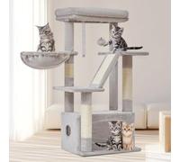 Taoqimiao Cat Tree MS029, 97CM Cat with 4 Scratching Posts, 1 Platform, 1 Cave, Basket, Cat Scratching Board, Plush Balls, Light Grey