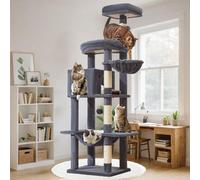 Taoqimiao MS042G Cat Tree,66-inch Large Cat Tower with Scratching Posts, Luxurious Large Platform for Big Cats with Soft Hammock, Adjustable Basket, Deluxe Cat Cando, Top Perch Smoke Gray