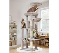 Taoqimiao MS042W Cat Tree,66-inch Large Cat Tower with Scratching Posts, Luxurious Large Platform for Big Cats with Soft Hammock, Adjustable Basket, Deluxe Cat Cando, Top Perch Light Gray