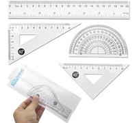TAOSHENG 4Pcs Plastic Math Geometry Kit, Transparent Measuring Tool Set for School Student Teacher Architects Engineers, Includes Protractor Straight Ruler Triangle Ruler, Clear 4 Pack