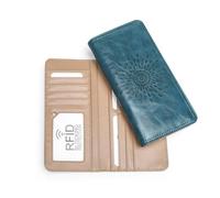 TAOSITUE Slim Bifold Long Wallet for Women RFID Blocking Credit Card Holder Vegan Leather Compact Zipper Coin Pocket, Sunflower Peacock blue, Engraved Vegan Leather Bifold Wallet With Rfid Blocking