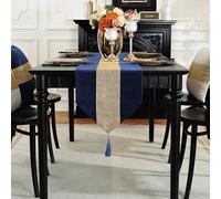 TAOSON Luxury Matching Sequin Patchwork Velvet Table Runner with Gold Diamante Strip and Tassels Wrinkle Table Runners for Kitchen Dining Tabletop Decoration (13 x 87 Inch) Navy Blue