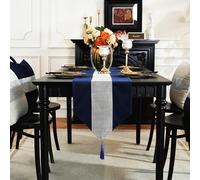 TAOSON Luxury Matching Sequin Patchwork Velvet Table Runner with Silver Diamante Strip and Tassels Wrinkle Table Runners for Kitchen Dining Tabletop Decoration (13 x 87 Inch) Navy Blue