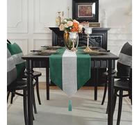 TAOSON Luxury Matching Sequin Patchwork Velvet Table Runner with Silver Diamante Strip and Tassels Wrinkle Table Runners for Kitchen Dining Tabletop Decoration (13 x 87 Inch) Green