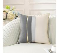 TAOSON Pack of 2, Gray Beige Patchwork Velvet Throw Pillow Cover with Gold Striped Leather Cushion Case Modern Luxury Square Pillowcase for Sofa Couch Bedroom Living Room Home,18x18 inch