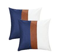 TAOSON Set of 2 Cotton Canvas Patchwork Faux Leather Throw Pillow Covers 18x18 Inch Brown Stripe Cushion Covers Farmhouse Decor Pillow Cases for Couch Living Room Bed Sofa Decor Navy Blue White