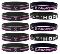 Taouzi Breast Cancer Silicone Bracelets Bulk Pink Ribbon Breast Cancer Awareness Bracelets Prevention Month Activity Jewelry Gifts for Women Men, Color 8 Black 10Pcs, Silicone, no gemstone