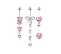 Taouzi Cute Pink Heart Belly Rings Dangle Belly Button Ring for Women 316L Stainless Steel Belly Button Piercing Pack with Heart Bow Butterfly Flower Elements 14G, Style 3, Metal, created alexandrite