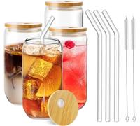 Taoyanmo 500 ml Glass Cups, Pack of 4, Drinking Glasses with Lid and Straw, Reusable Drinking Glass with Bamboo Lid - 4 Glass Straws, 2 Brushes - Glasses Can Shape for Iced Coffee, Tea, Boba