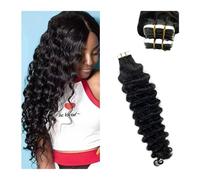 tape extensions 16-26 Inch Black Water Wave Tape in Human Hair Extension Brazilian Hair Skin Weft Tape in Curly Human Hair Deep Wave 20pcs 50g Hair Extensions(20 pcs-50g,26 inches)