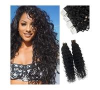 tape extensions #1b Full Head Black Deep Wave Tape in Human Hair Extension Brazilian Hair Skin Weft Tape in Curly Human Hair 20pcs/set 50g Hair Extensions(20 pcs-50g,26 inches)