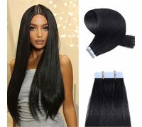 tape extensions Real Human Hair for Women Tape in Straight Human Hair Extensions Brazilian Hair Adhesive Extensions Skin Weft Black Brown Hair Extensions(40 pcs,20 inches)