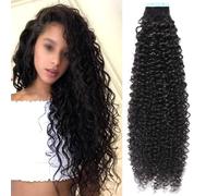 Tape in Hair Extensions, 20 Pcs Human Hair Black Women Seamless Kinky Curly Hair Extensions with Invisible Tape for Women(Black,16in-40.6cm)