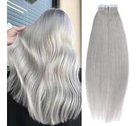 Tape in Hair Extensions 40 Pcs, 100G Grey Natural Real Human Hair Invisible Sided PU Hairpieces for Fashion Women(Grey,24in-60cm)