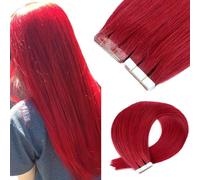 Tape in Hair Extensions Human Hair, 20Pcs/ Pack 99J Burgundy Invisible Straight Seamless Skin Weft PU Hair Peach for Women(RED,22inch(55cm)50g)