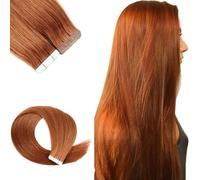 Tape in Human Hair Extensions, 40Pcs Copper Pu Tape on Natural Real Hair Extensions Hairpieces for Fashion Women 100G(Ginger,16in-40cm)