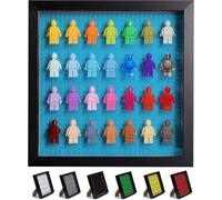 Tapeera Black Wooden Minifigure Display Case - Memorabilia Display Case for Figures - 11 x 11 Inch Shadow Box Frame - Wall and Table Top With Dust Protection - Up To 28 Figures (Blue, 3cm Depth)